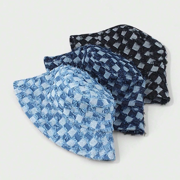 Frayed Checkered Denim Jean Bucket Hat
